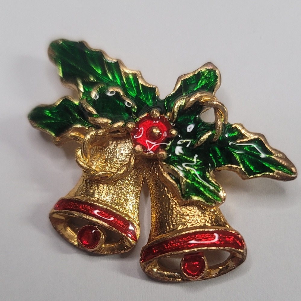 Christmas Brooch Enameled Bells Vintage